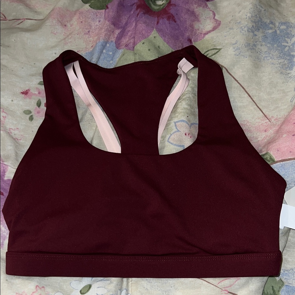 Women's Burgundy Sports Bra with light pink trim